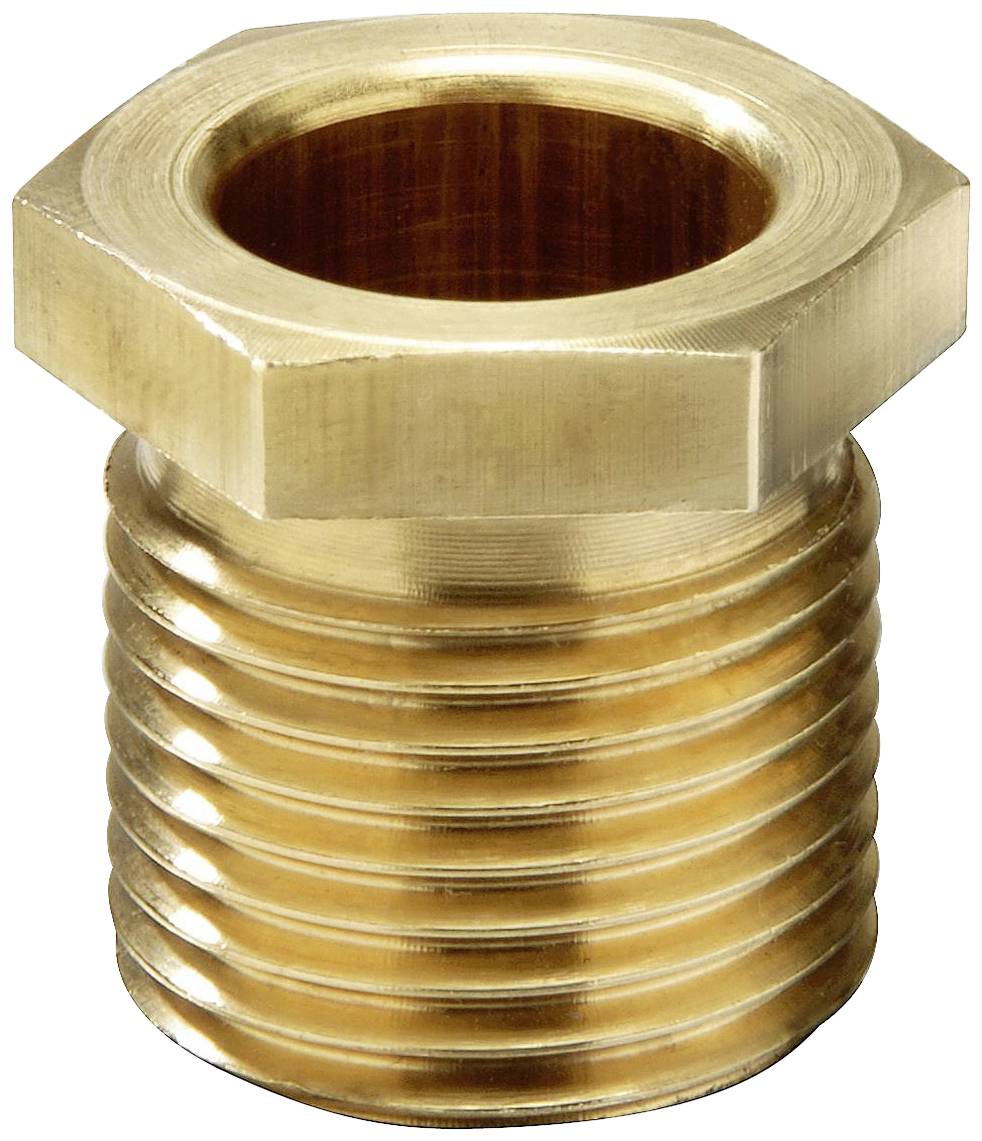 A brass threaded piece with a hexagonal head and a cylindrical, ribbed body. It is used as an adapter in piping systems.