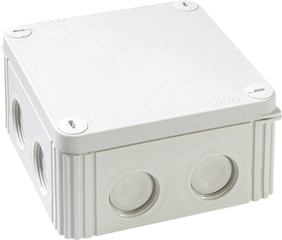 A grey plastic enclosure with multiple round cable glands on the sides, commonly used for cable routing.