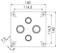 Technical drawing of a square metal plate layout with four evenly distributed circular openings and dimension specifications.