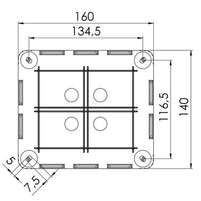 Quadratic technical drawing with dimensions: Width 160 mm, Height 140 mm, Internal dimensions 134.5 mm x 116.5 mm, Holes in the centre.