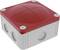 Red junction box with silver casing. Four round openings on the sides. Suitable for electrical installations.