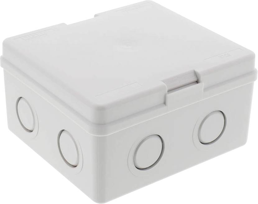 A square, grey plastic box with rounded corners, serving as an electrical junction box with multiple entry points on its sides.