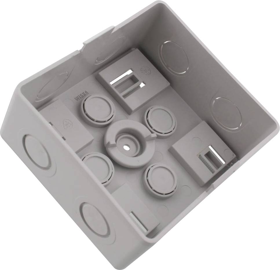 Grey recessed junction box with multiple cable entries and mounting points for electrical installation.