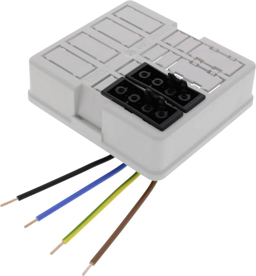 Electrical connection module with six exposed wires in various colours for wiring. Suitable for electrical installations.