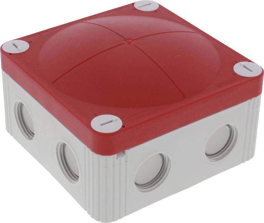 A square electrical junction box with a red lid and grey body, featuring several round openings on the sides for cable entry.