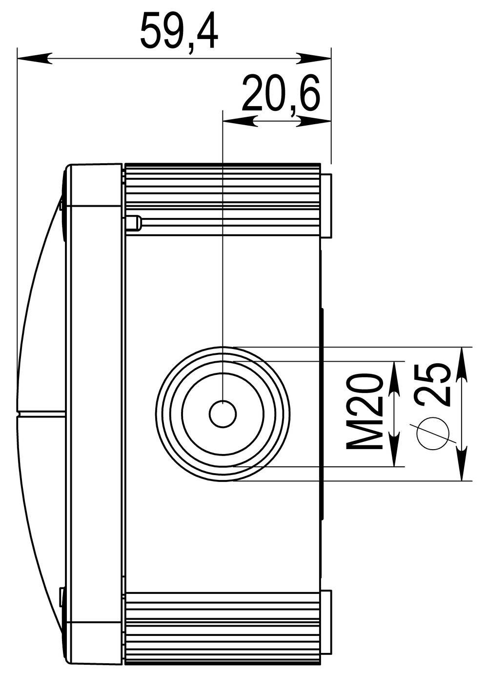 Technical drawing of an enclosure with dimensions: height 59.4 mm, width 20.6 mm. M20 thread with 25 mm depth.