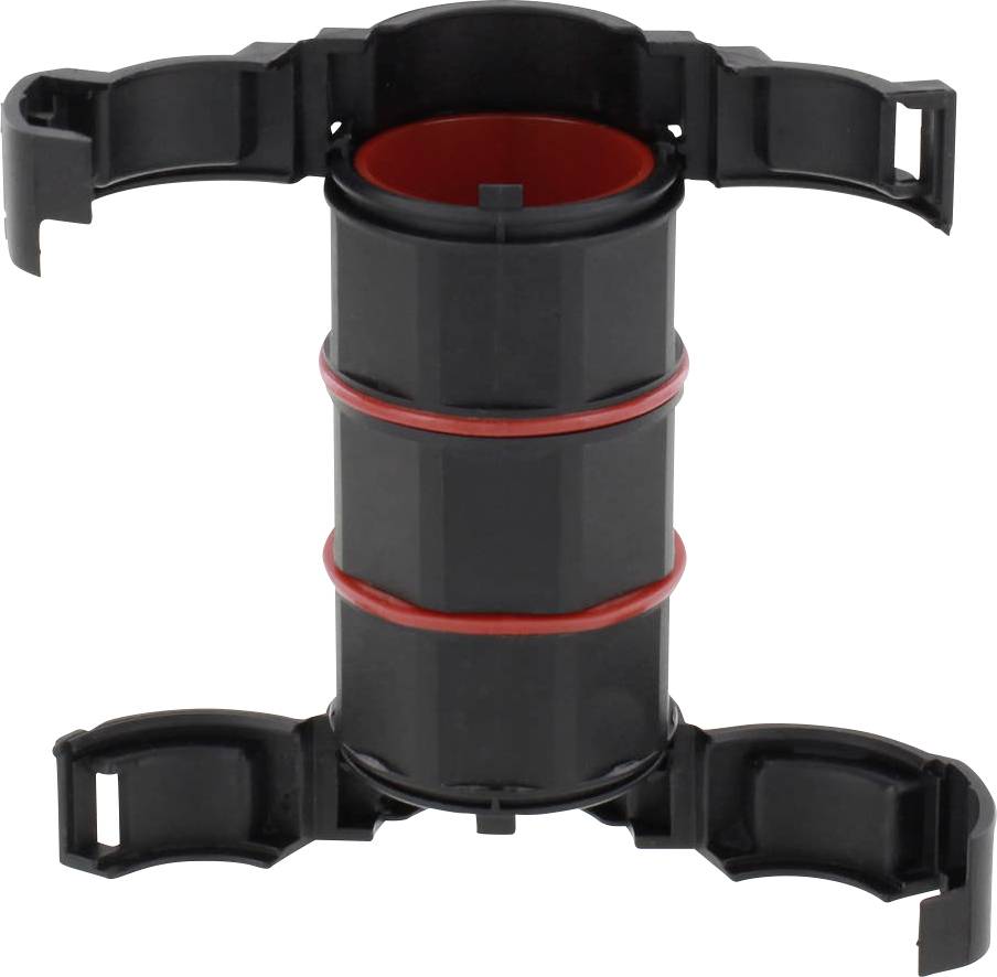 Black plastic ring with red seals, presumably a connecting element, on a white background.