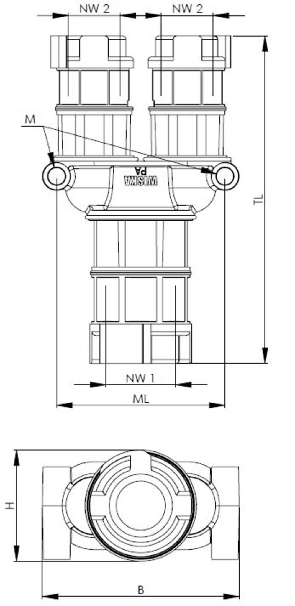 Technical drawing of a pipe connection component with marked dimensions NW1, NW2, ML, and B. Shows front and top views.