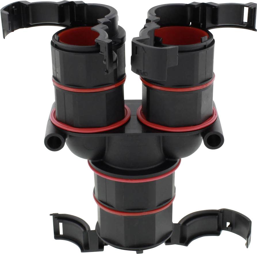 Black, cylindrical plastic component with red seals and multiple openings, possibly part of a piping system.