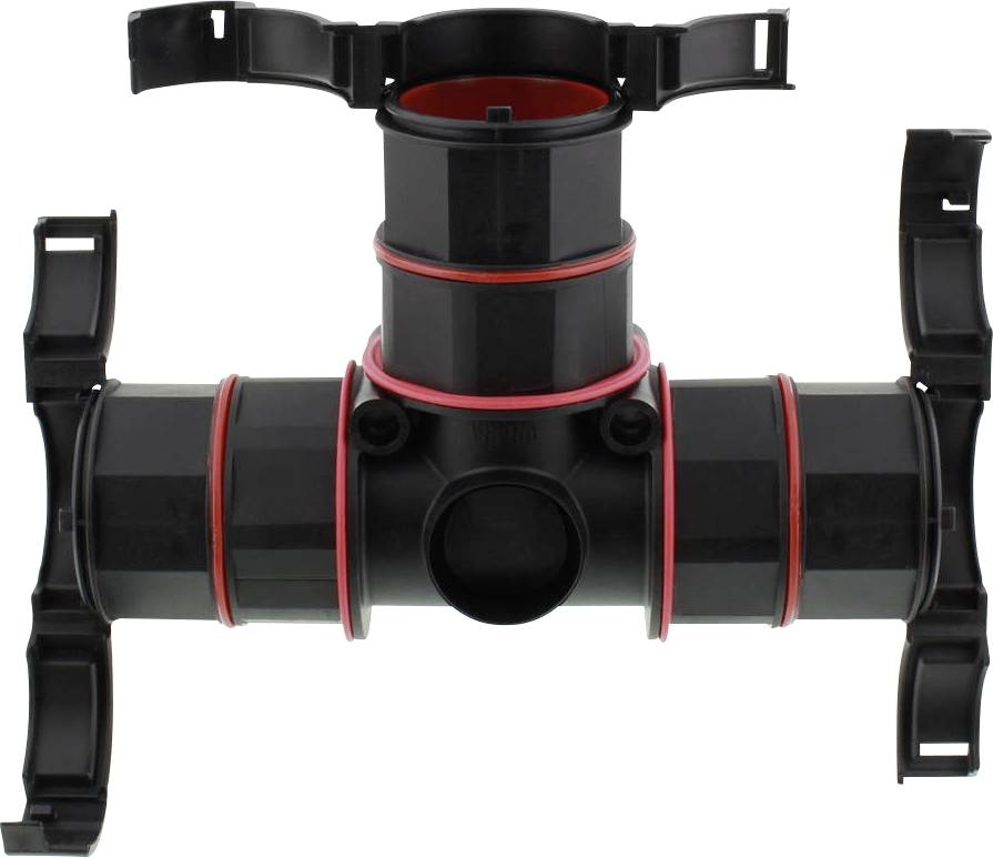 Black plastic T-piece with red sealing rings and mounting clips, used for pipe connections and distributions.
