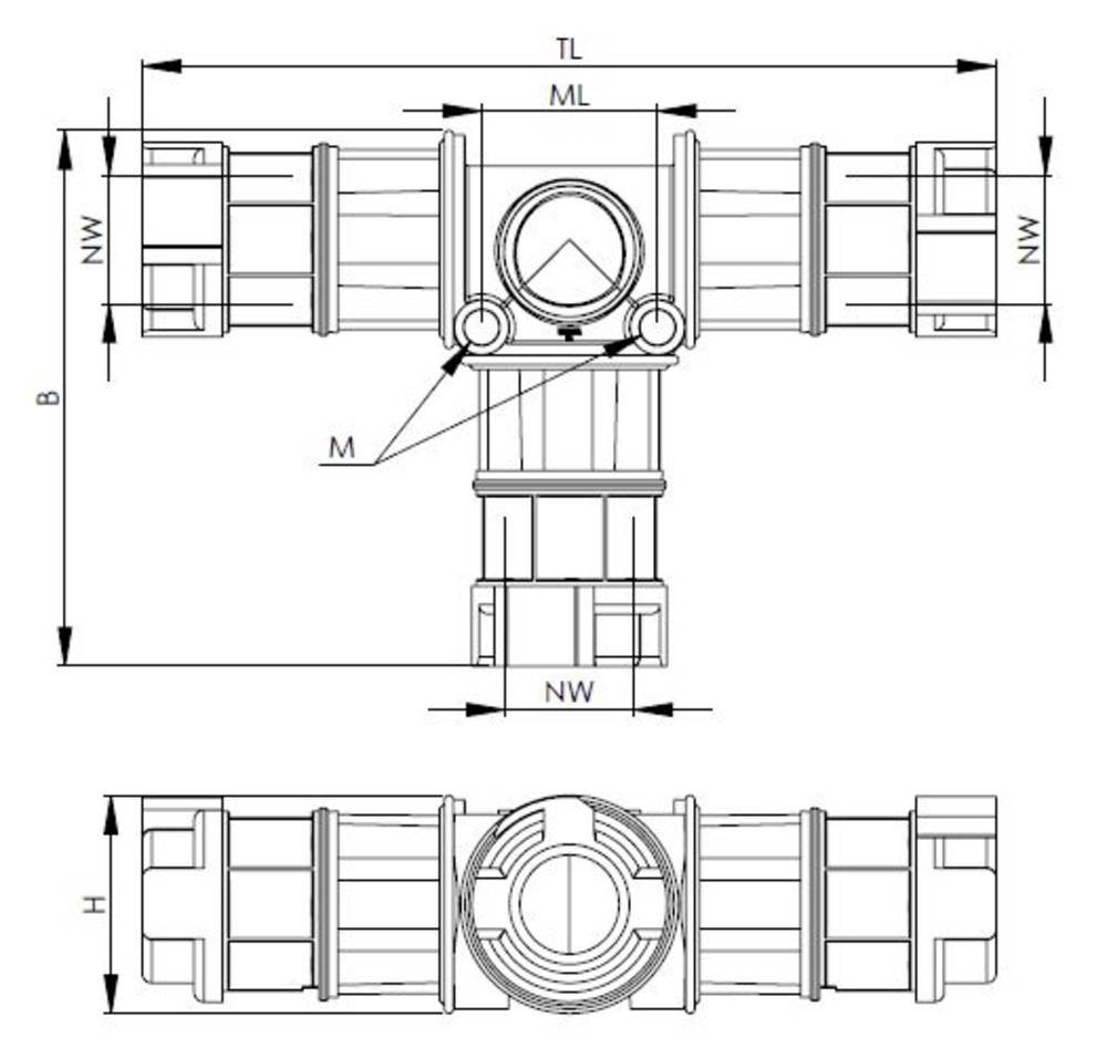 Technical drawing of a T-piece with dimensions. Shows connections and directional arrows. Labelled with TL, ML, NW, B and H.