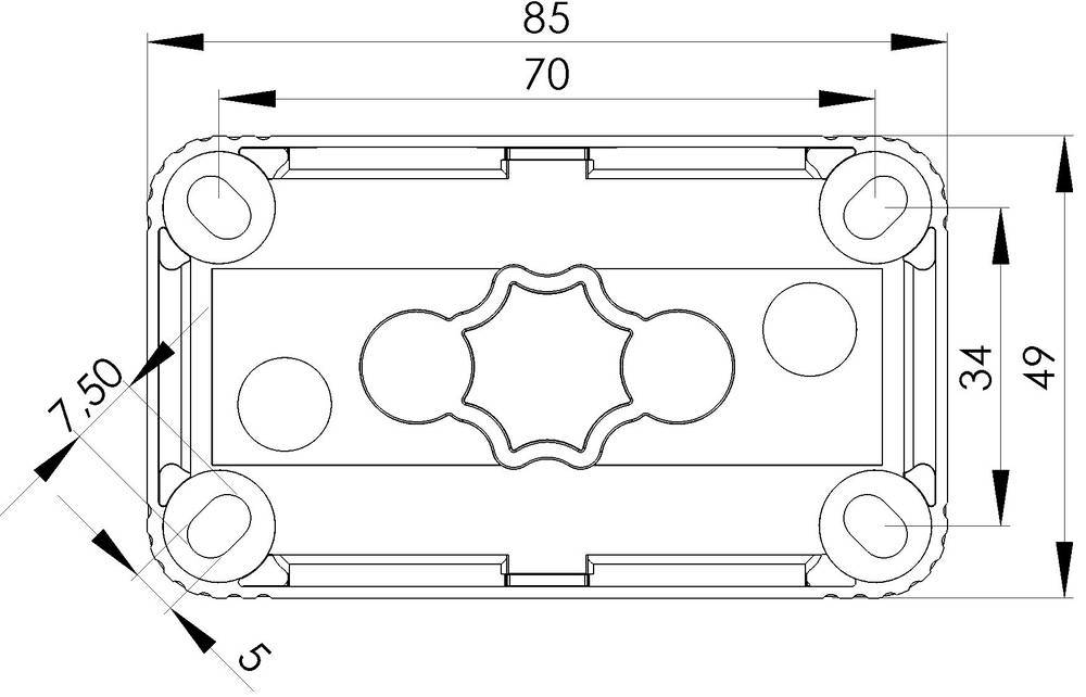 Technical drawing of a rectangular plate with dimensions 85x49 mm. Positioned drill holes and dimensional specifications for assembly.