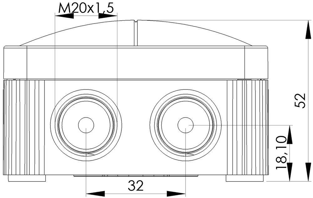Technical drawing of a rectangular component with two round openings on the front face, dimension specifications of 52 in height and 32 in width.