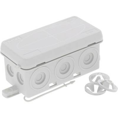 White electrical junction box with multiple round entry points and a removable lid, including mounting brackets.