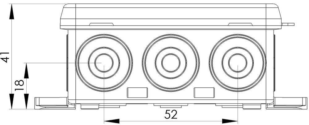 Technical drawing of a rectangular component with three circular protrusions. Dimensions: Total height 41, protrusion height 18, width 52.