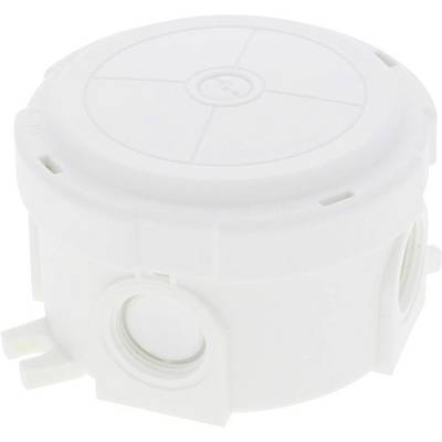 A white circular electric distribution box with multiple side openings, suitable for wiring installations.
