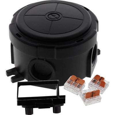 Black plastic container with removable lid, accompanied by four orange-grey connecting clips and a small black holder.