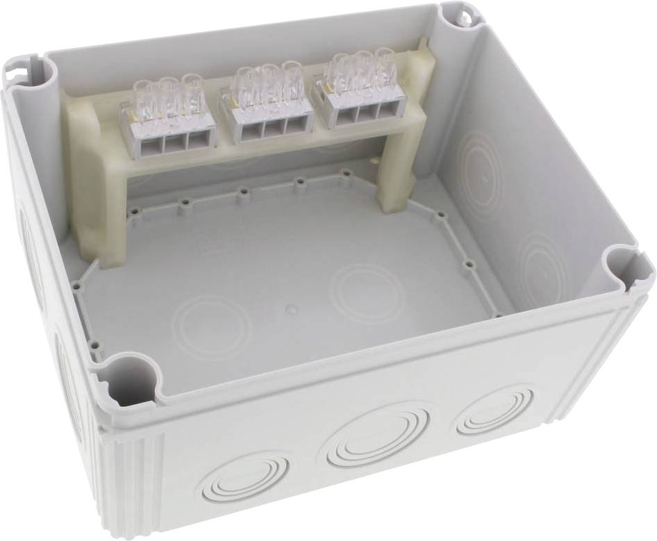 Empty grey junction box with terminals, designed for electrical wiring.