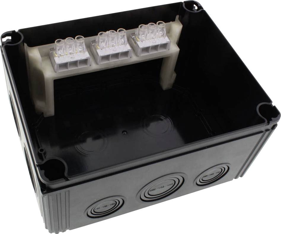 Black electrical junction box with multiple cable entries and three transparent terminal blocks inside.