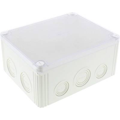 White plastic junction box with transparent lid, side round cable outlets, suitable for electrical installation.