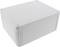White rectangular plastic box with slightly rounded corners and vertical grooves on the sides.