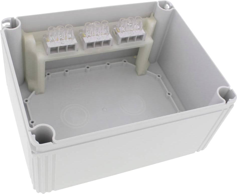 Rectangular grey enclosure without a lid, fitted with a terminal strip.