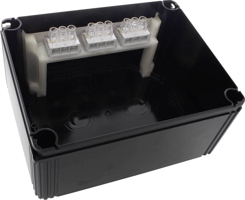 Electronic device in a black casing, with three rows of transparent electrical terminal blocks located above it.