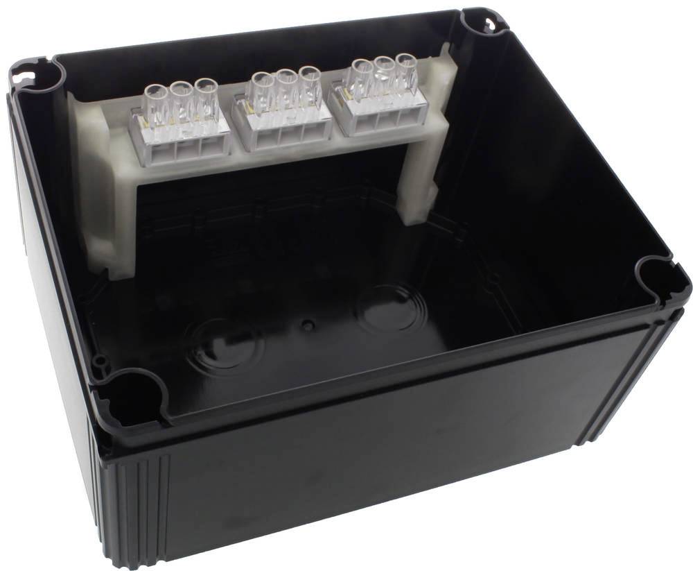Black electrical junction box with multiple terminals on a plastic mounting bracket, suitable for various wiring applications.