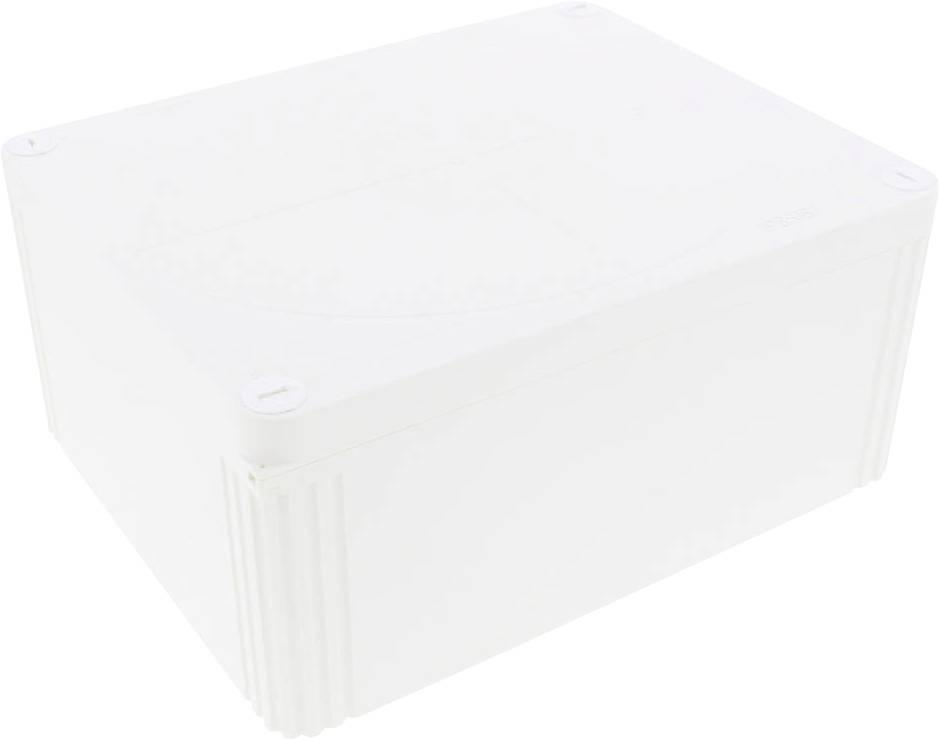White, rectangular plastic box with rounded corners and ribbed sides.