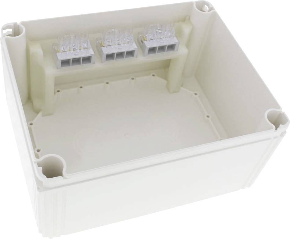White plastic box with transparent plug connections inside, suitable for electronic wiring.