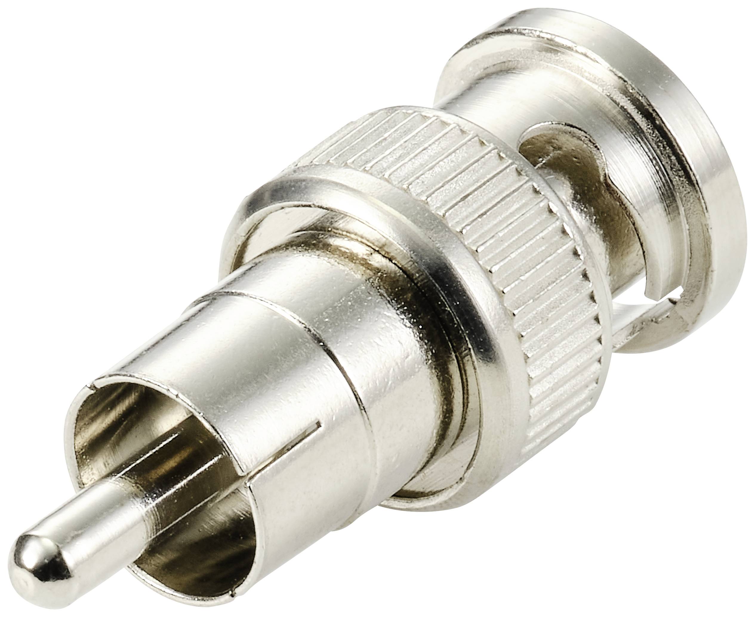 A silver BNC connector, typically used in video technology, with a knurled central section for gripping.