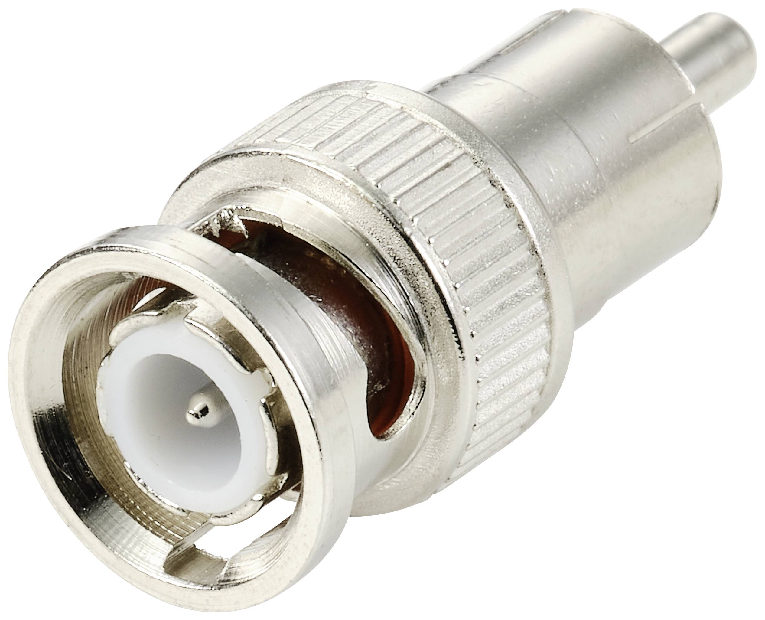 A silver BNC plug with a metal casing and white plastic insulator, typically used for coaxial cable connections.