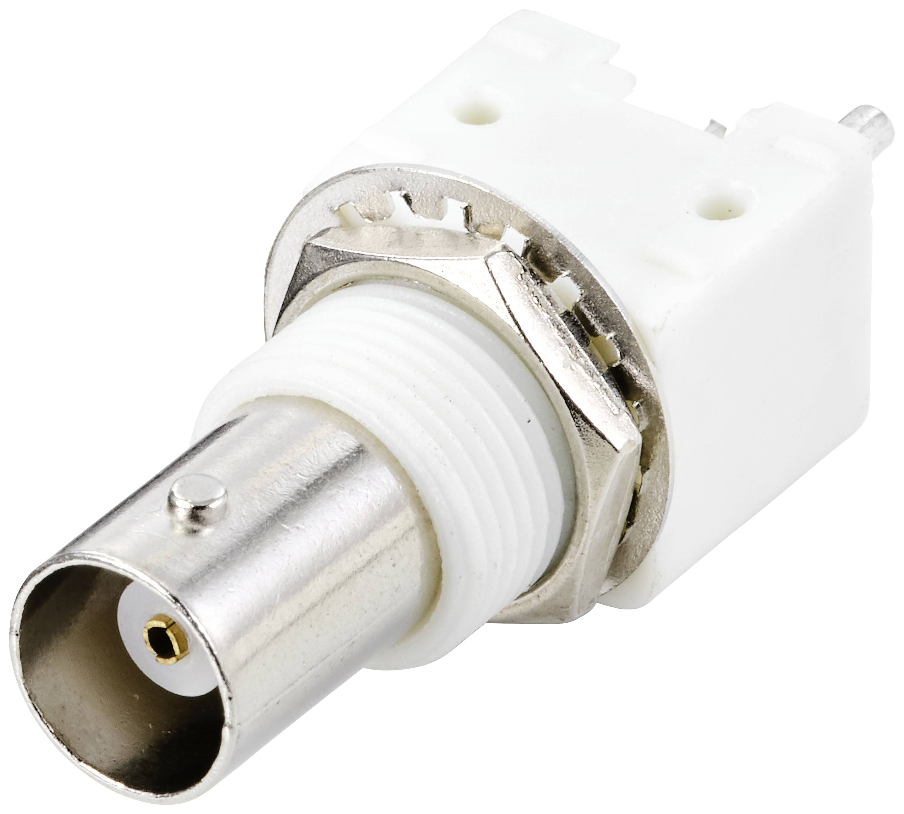 A white and silver coaxial connector, typical for audio and video applications. It has a threaded connection and a metallic shell.