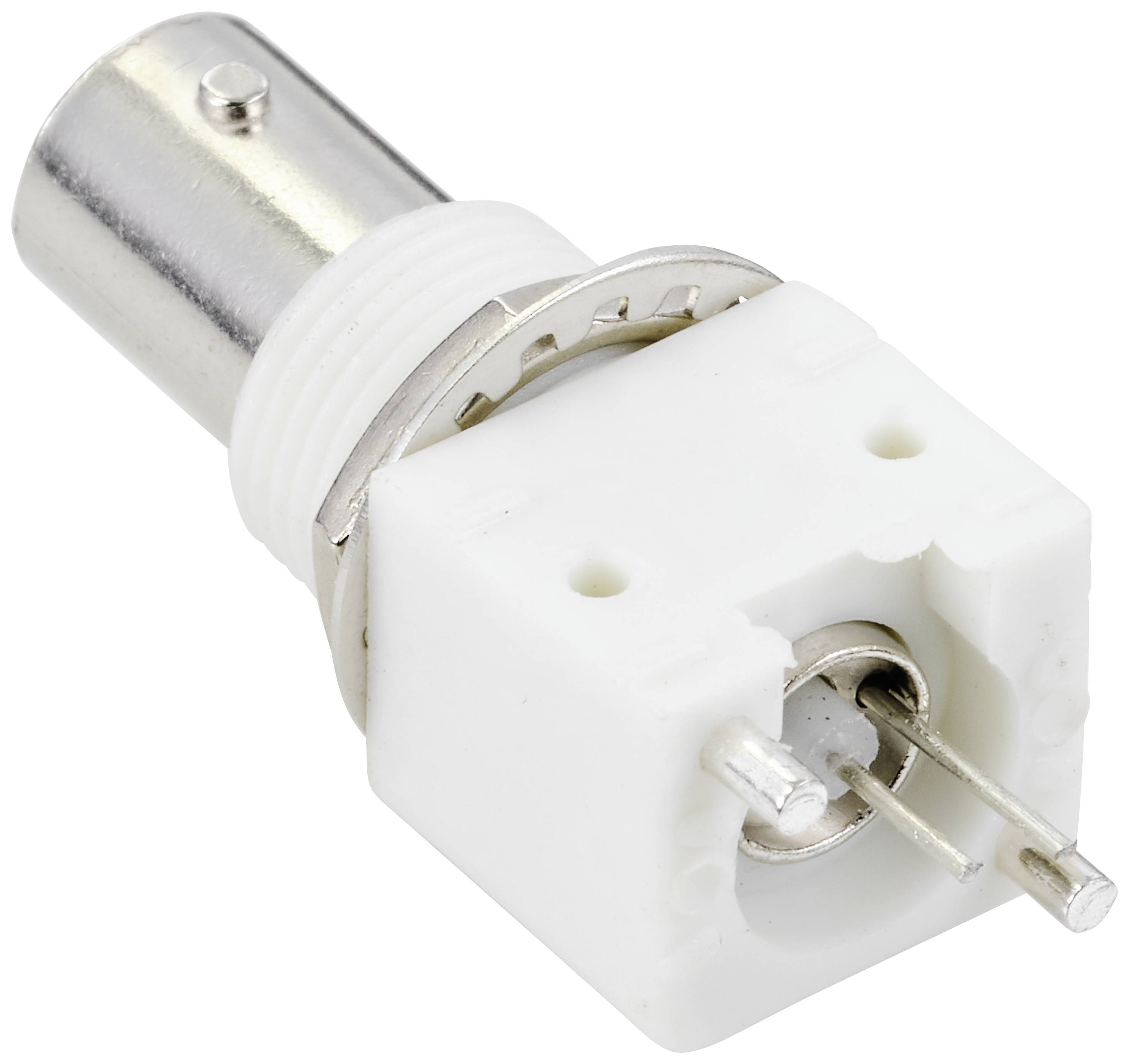 A white and metallic BNC connector adapter with a square base, commonly used for connecting coaxial cables in electronic equipment.