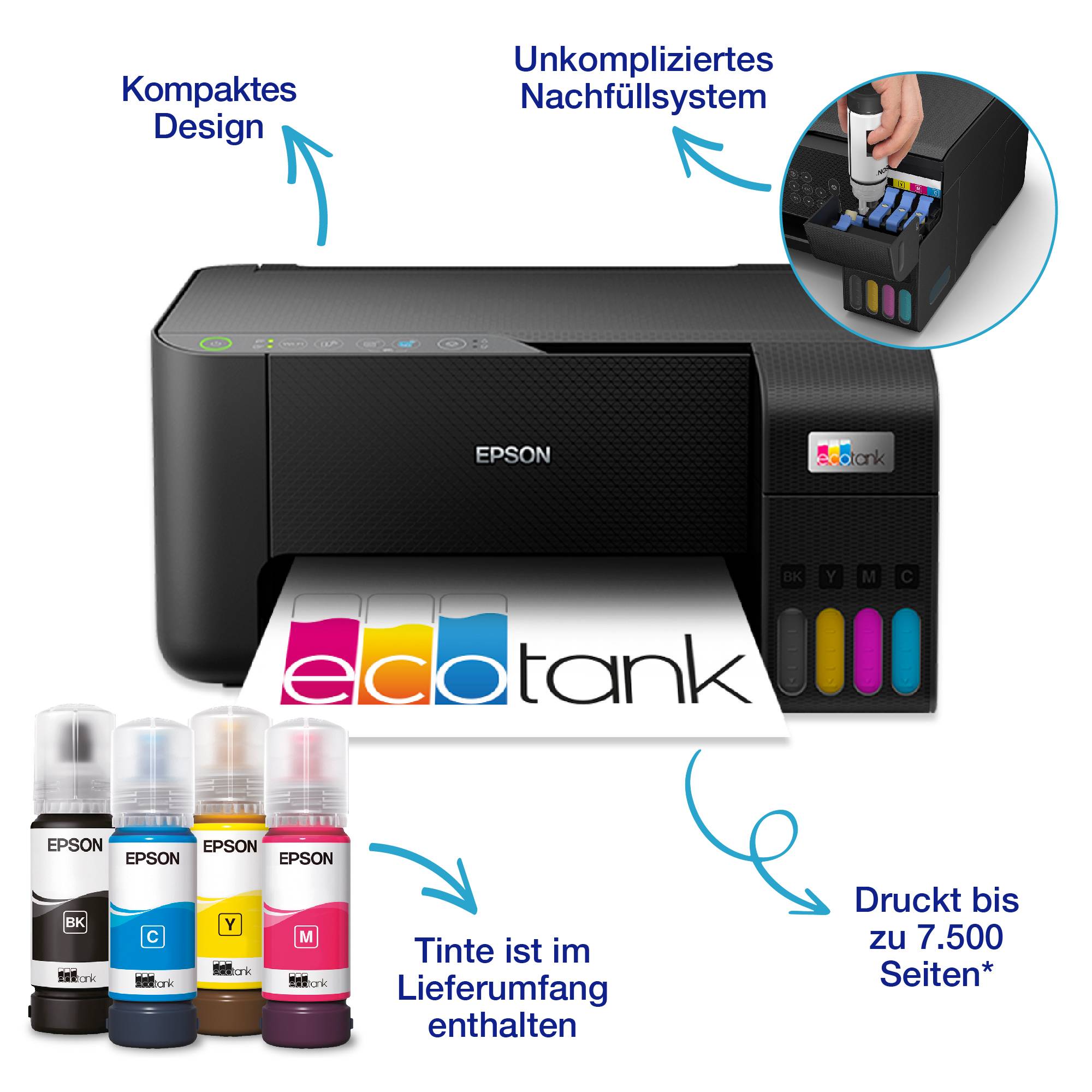 'Printer with a compact design and easy refilling. Contains ink, prints up to 7,500 pages.'