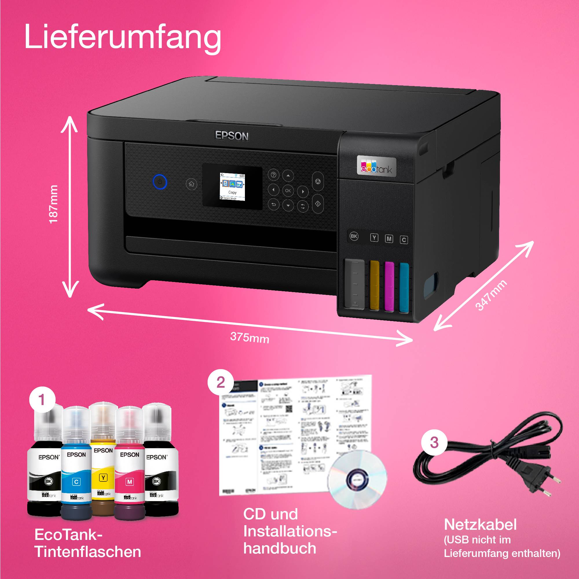 Printer with dimensions 375mm x 347mm x 187mm. Included in the package: EcoTank ink bottles, CD and installation manual, power cable.