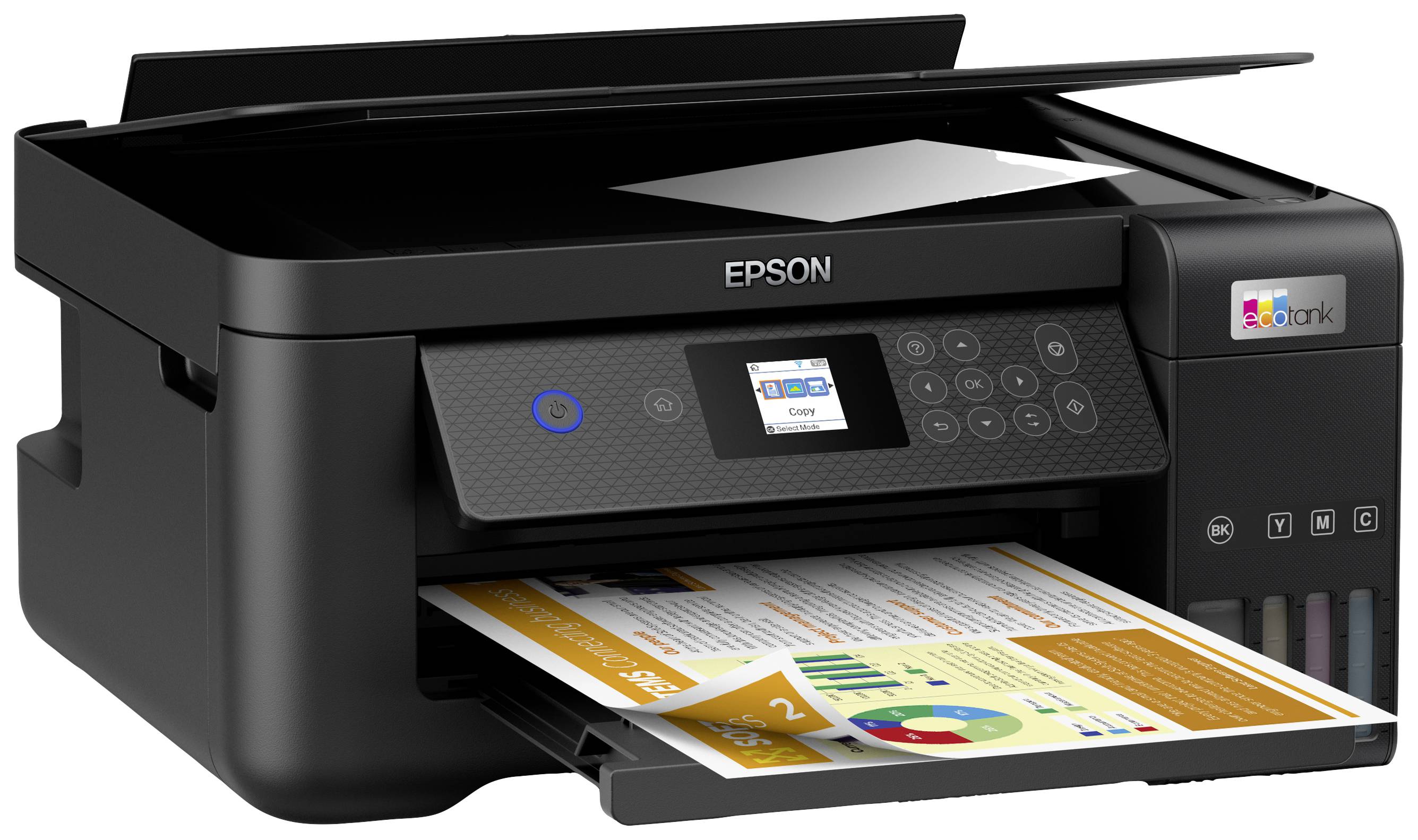 A black inkjet printer with printed paper in the output tray. The printer has a small screen and buttons.