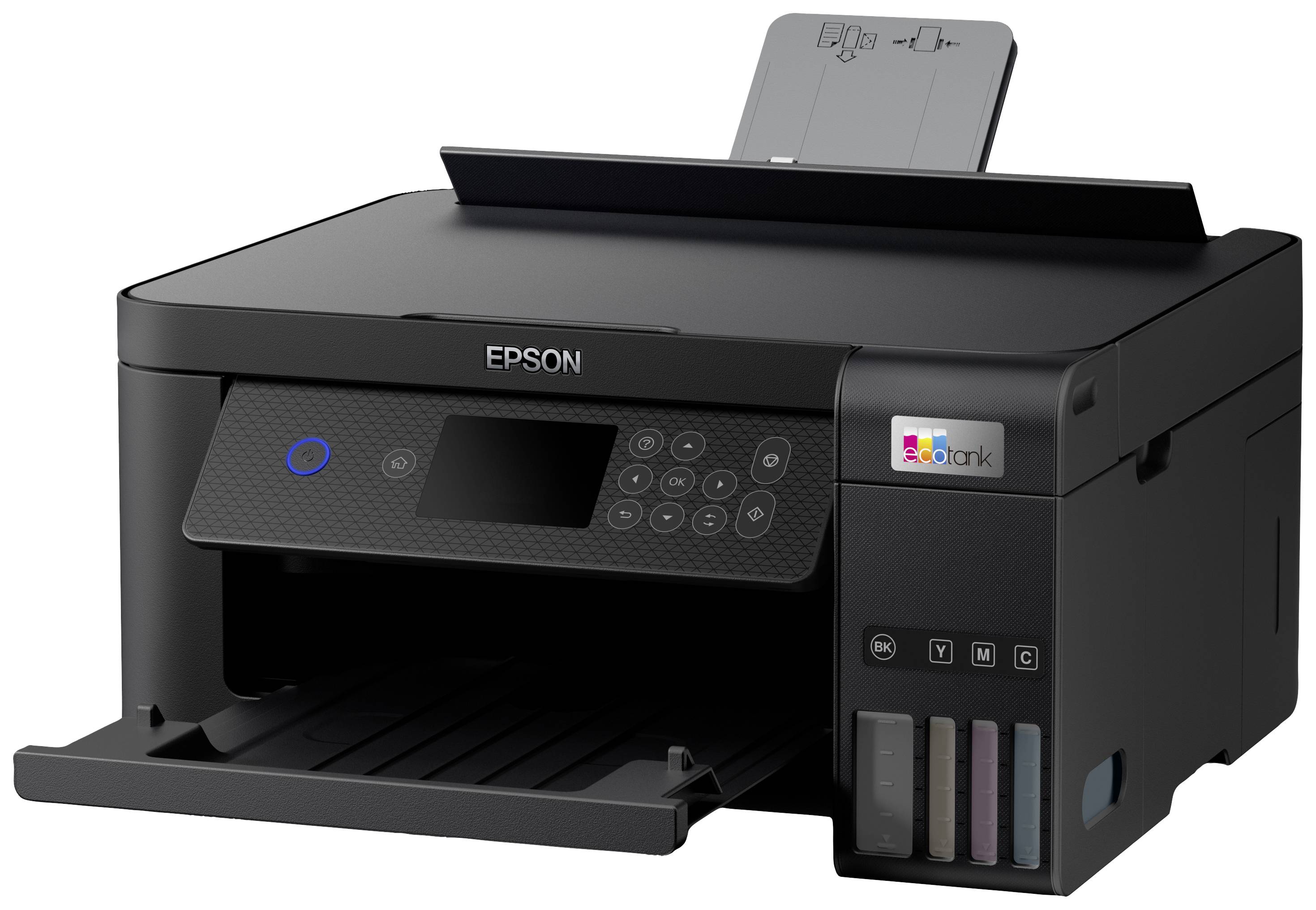 Epson multifunction printer in black, with a keypad, top paper feed, and four visible ink tanks on the right-hand side.