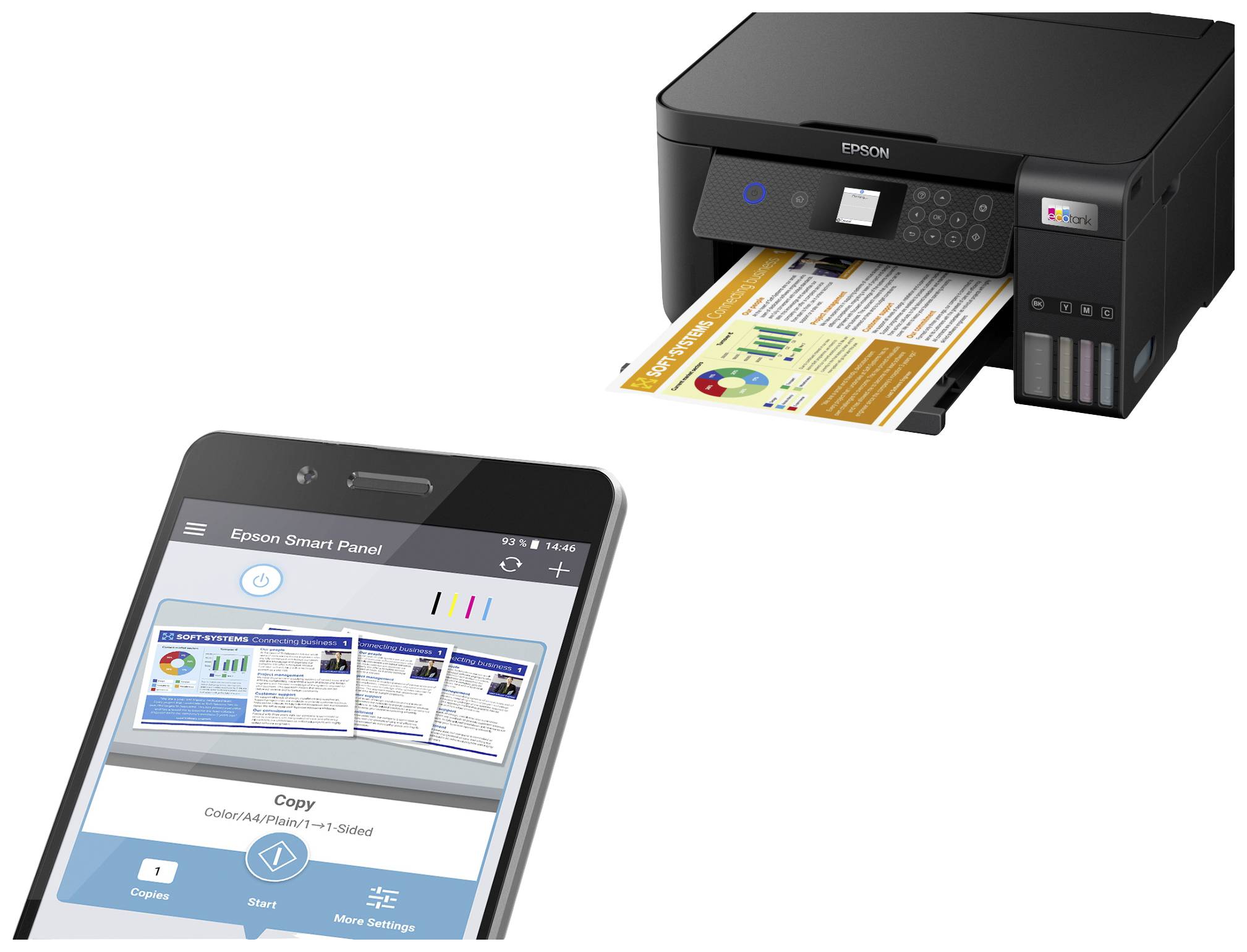 A printer is outputting a coloured document. Beside it, a smartphone screen displays the printing app with options for control.