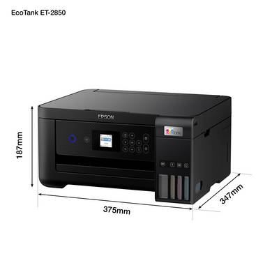 Black Epson EcoTank ET-2850 printer with dimensions: Width 375mm, Height 187mm, Depth 347mm. Includes a display and ink tanks.