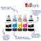 Five Epson ink bottles with explanations: long-lasting ink, lower costs, waste reduction, 72 cartridges in a set of bottles.