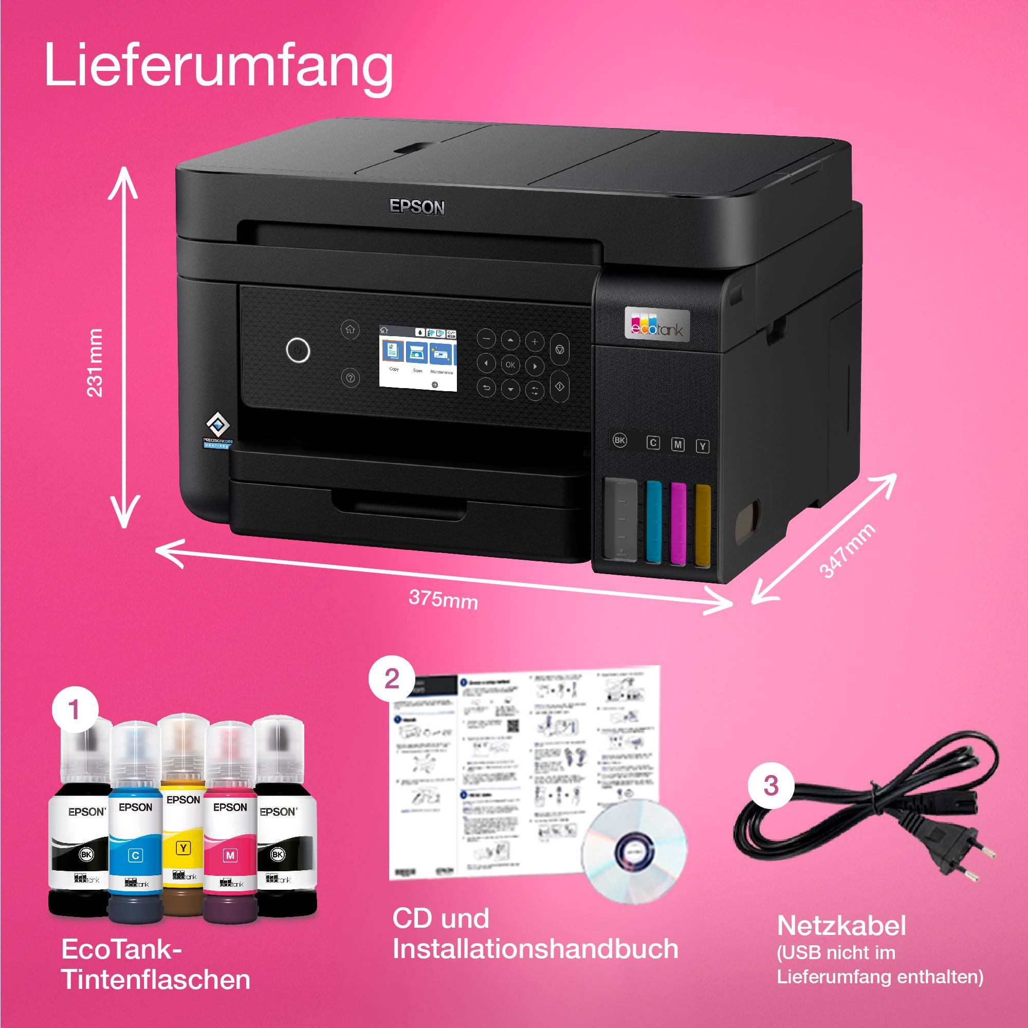A printer with accessories: four EcoTank ink bottles, CD and installation manual, power cable. Dimensions: 375 mm x 347 mm x 231 mm.