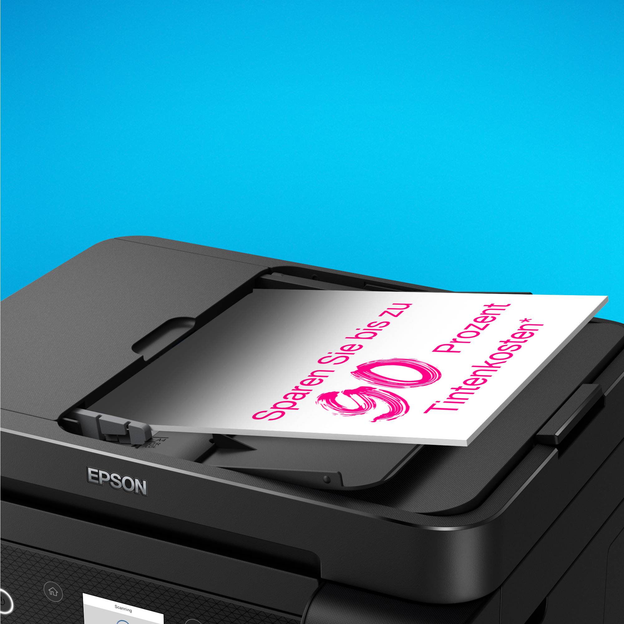 A printer with a sheet of paper that reads: 'Save up to 90 per cent on ink costs'.