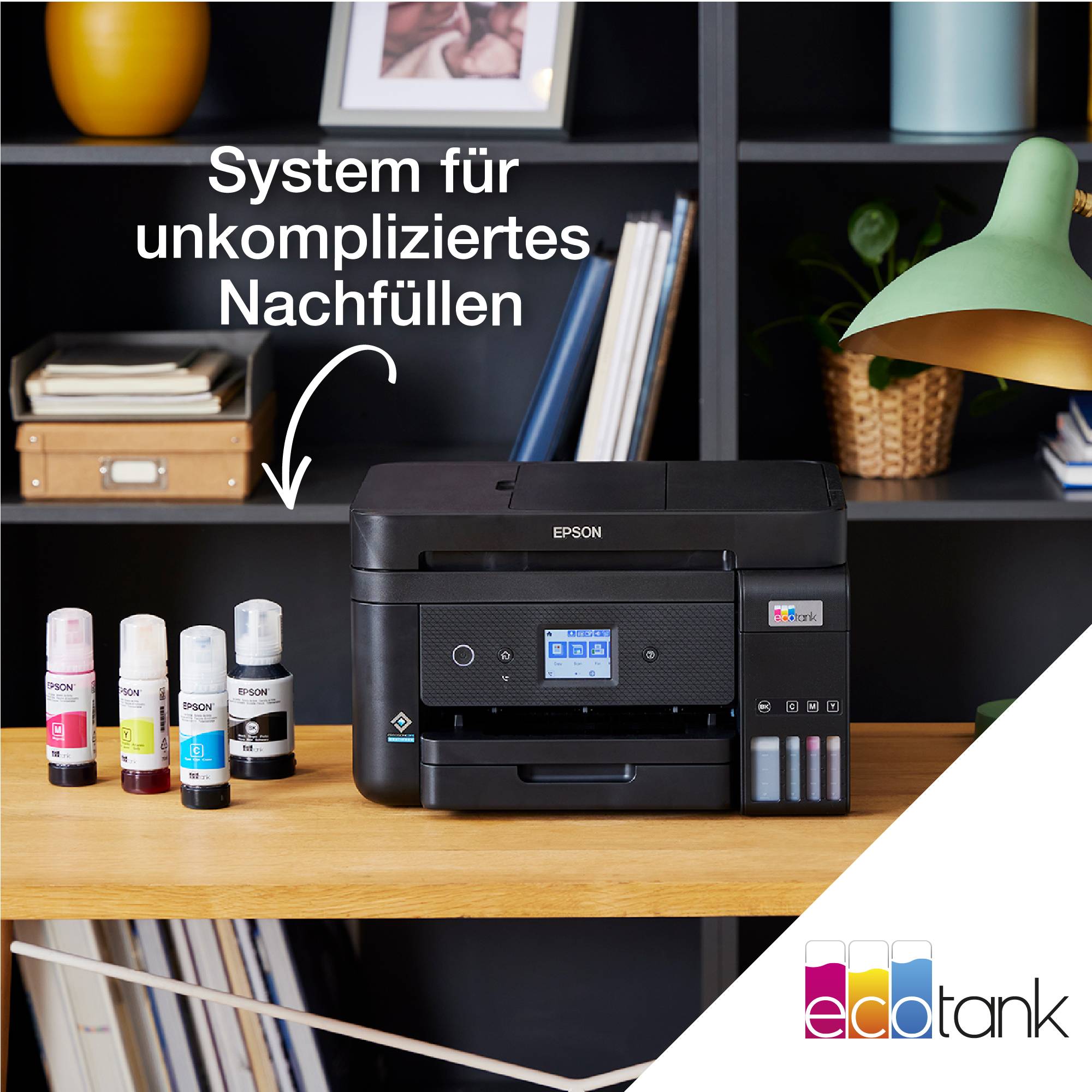 Printer on table with refill inks and text: System for straightforward refilling.