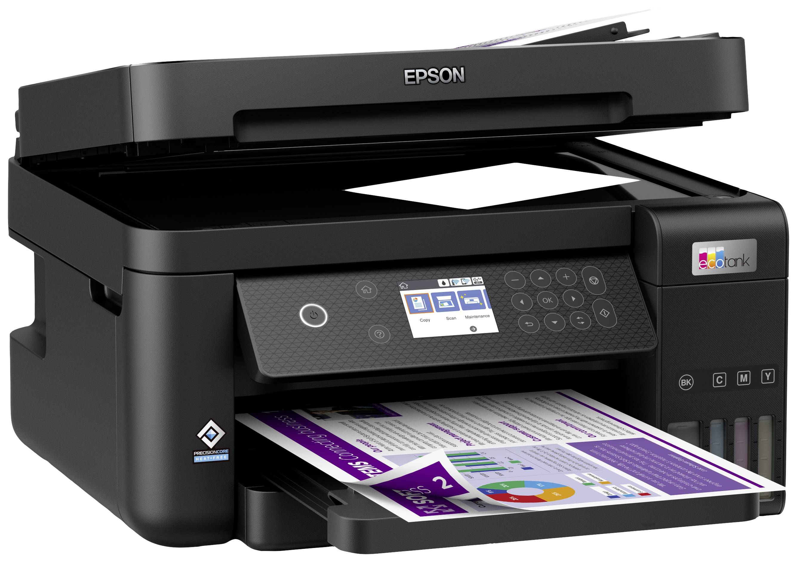 A black printer with a display and several buttons on the front is outputting a colour document.