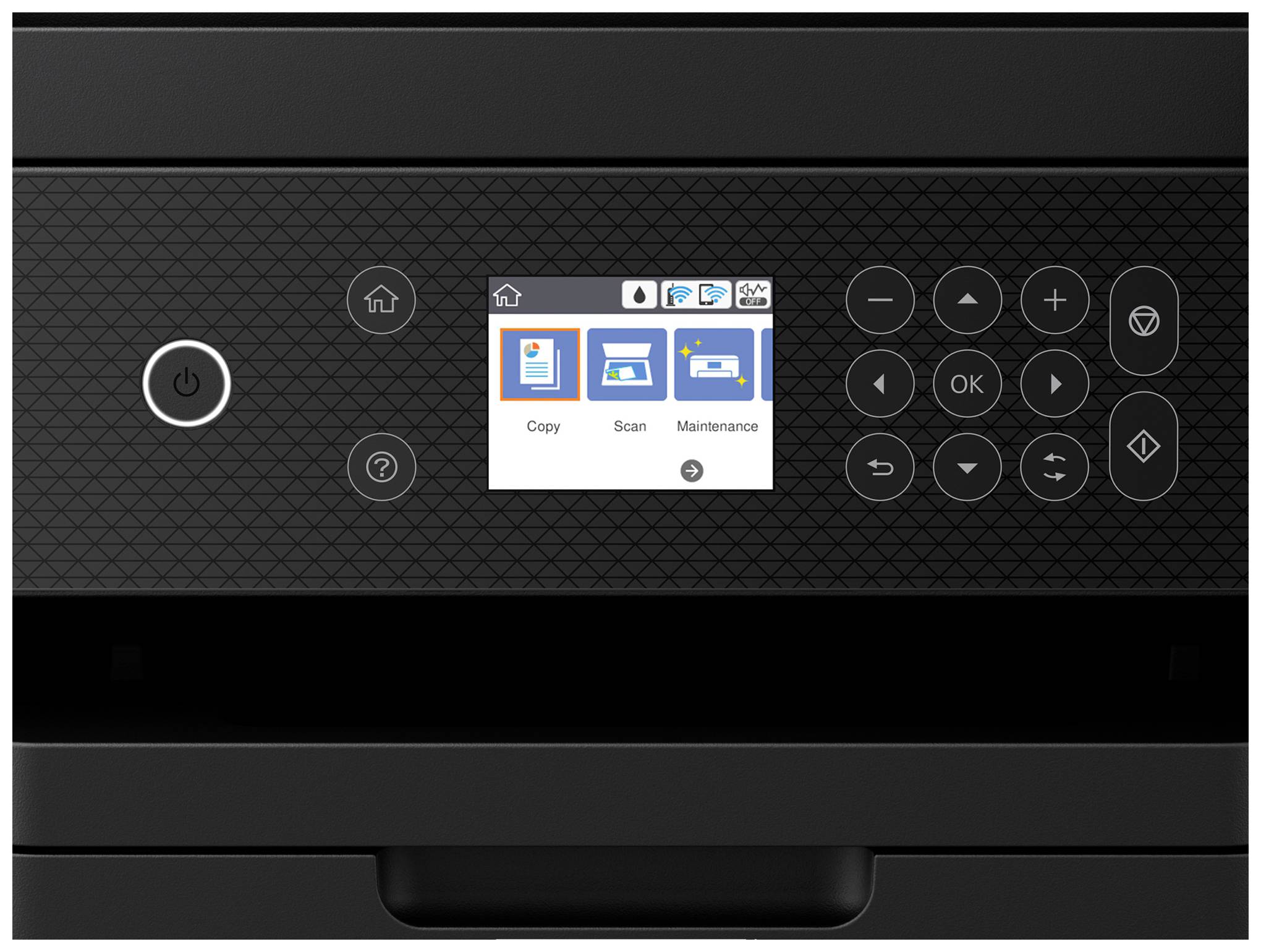 A printer touchscreen displays options: 'Copy', 'Scan', 'Maintenance'. Alongside are control buttons and a power switch.