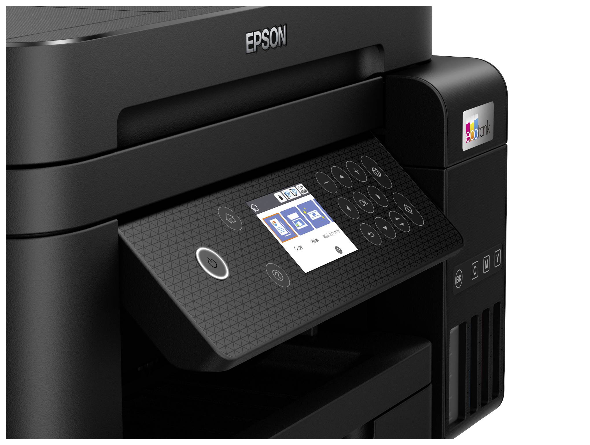 A black printer with a digital display and keypad, showing symbols for various printing options. Brand name at the top.
