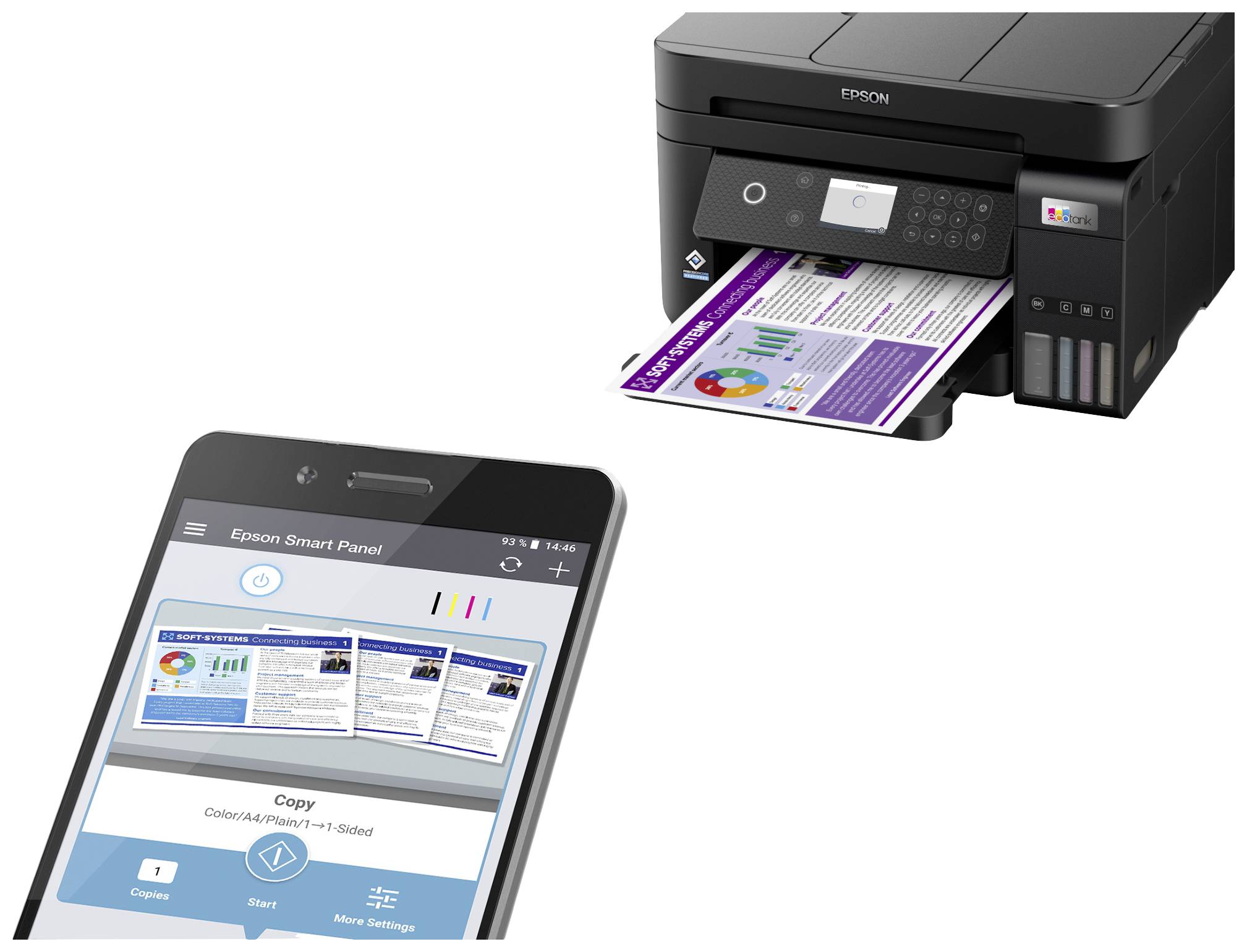 Printer with a coloured document partially protruding from the output tray. A smartphone displays an app controlling the printing process.