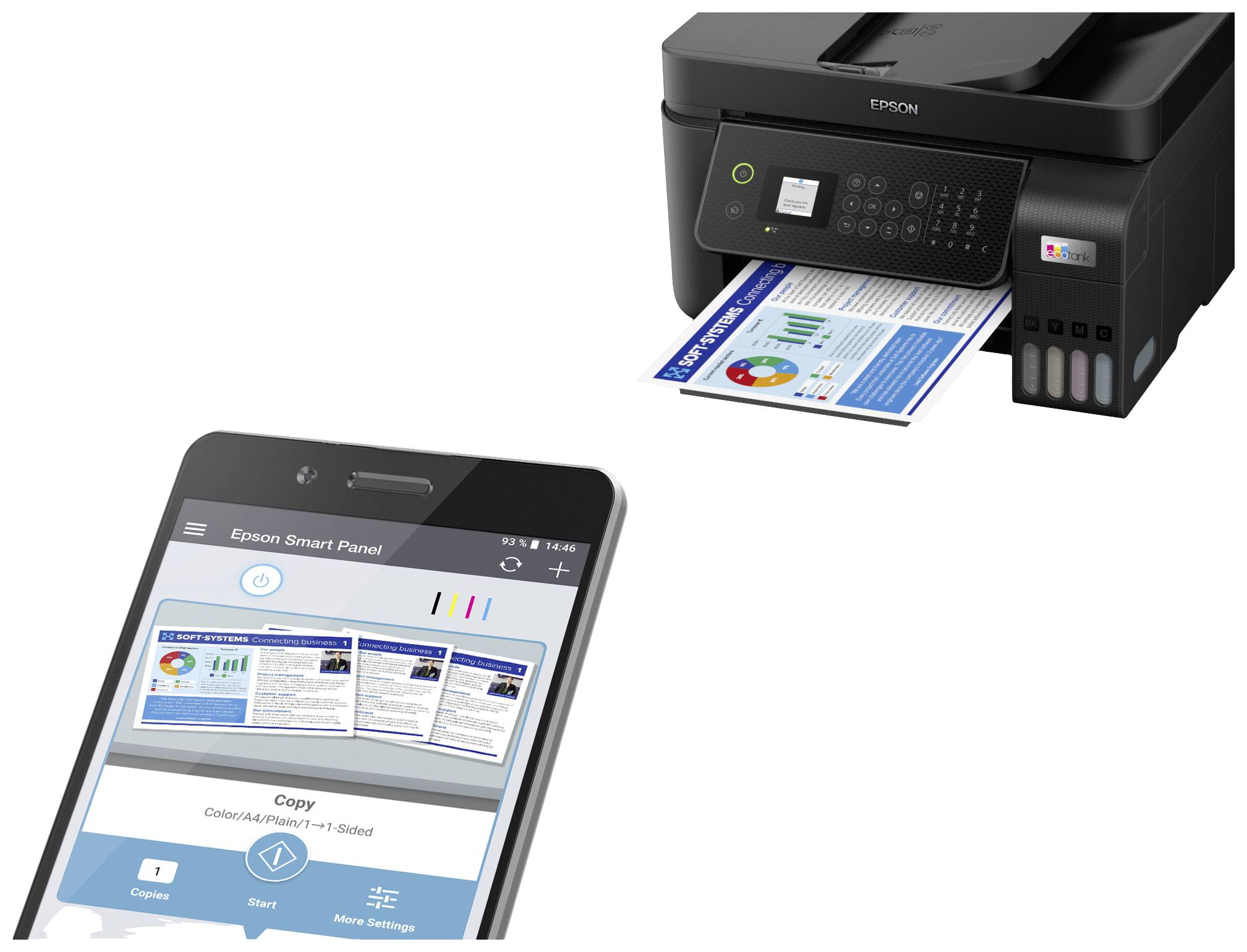 A printer is outputting a coloured diagram. A smartphone displays the 'Epson Smart Panel' app, which controls the printing process.