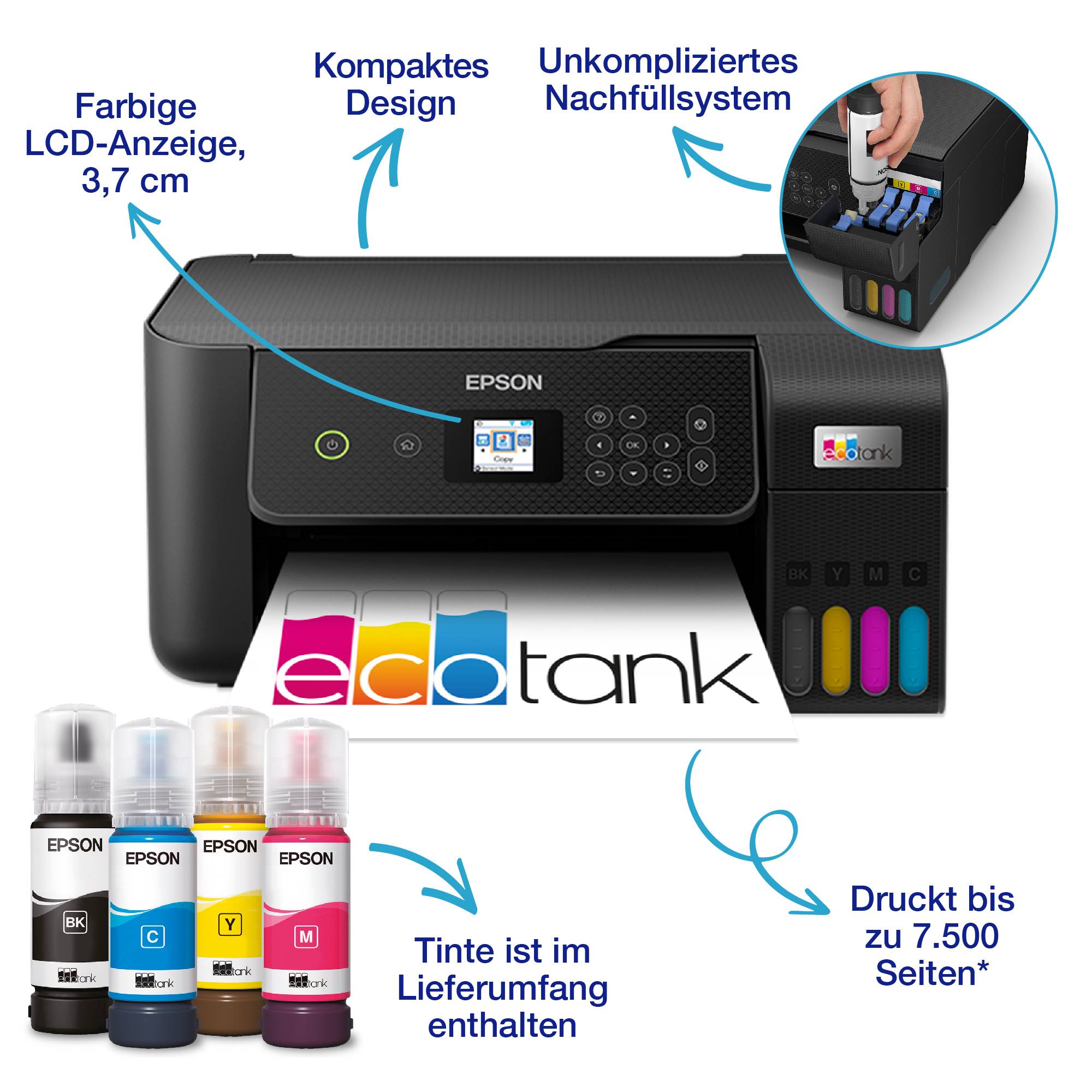 Epson Ecotank printer with refillable ink tanks, colour LCD display, compact design and printing capacity up to 7,500 pages.